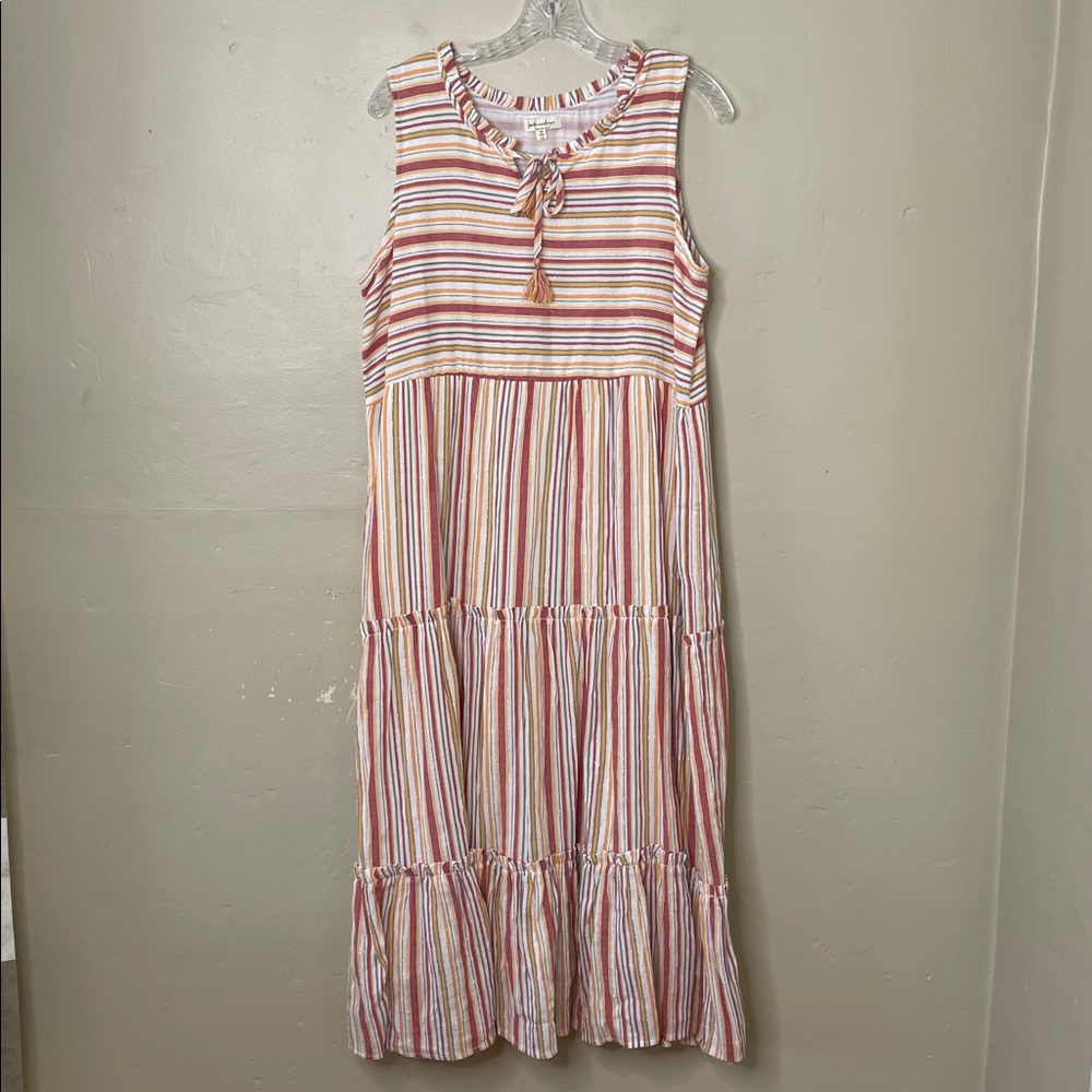 LINDA ANDERSON Tiered V-Neck Multicolored ROSE Sundress Striped Coastal Medium